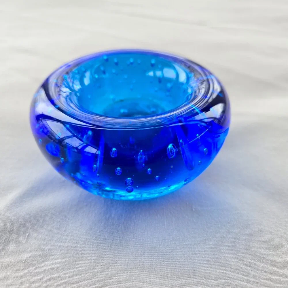 IKEA Hand Blown Blue Controlled Bubble Glass Votive Candle Holder